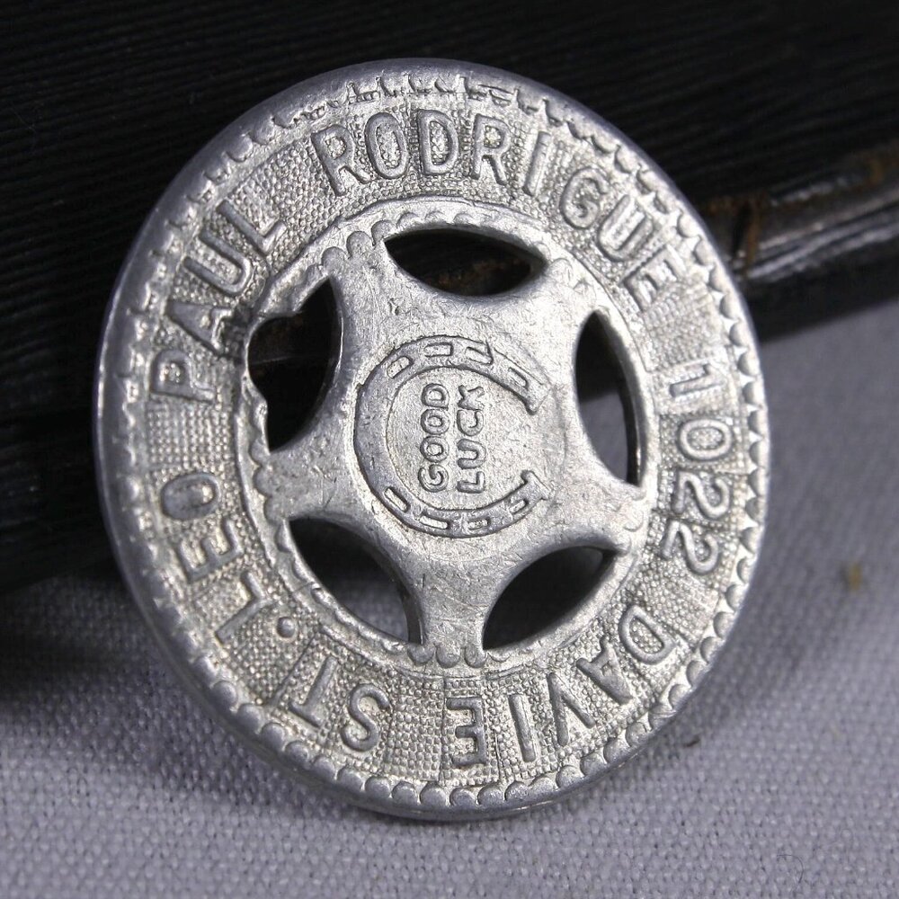 Vintage Good Luck token, lucky amulet Leo Paul Rodrigue 1022 Davie St, aluminium